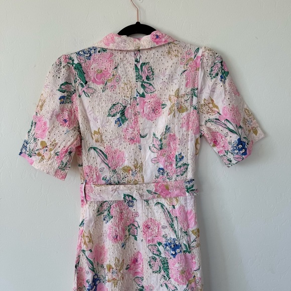 Miss Kelly 1999 Cottagecore Floral Embroidered Shawl Collar Belted Midi Dress - Picture 10 of 11
